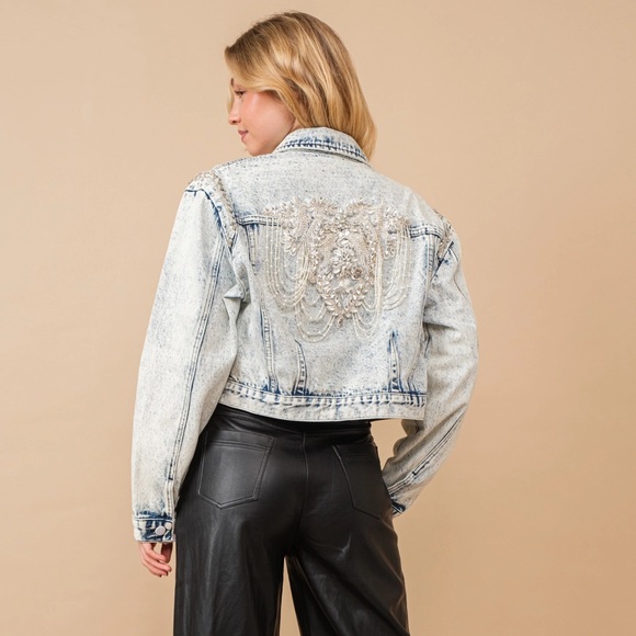 Blue B Embellished Light Wash Denim Cropped Jacket - Picture 3 of 3